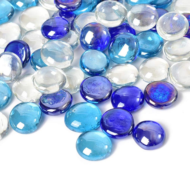 HOKPA Flat Glass Marbles 1lb, 100PCS Mixed Color Blue Glass Beads for Vases Flat Gems Aquarium Pebbles Decorative Vase Filler Table Scatter Decor - Image 1